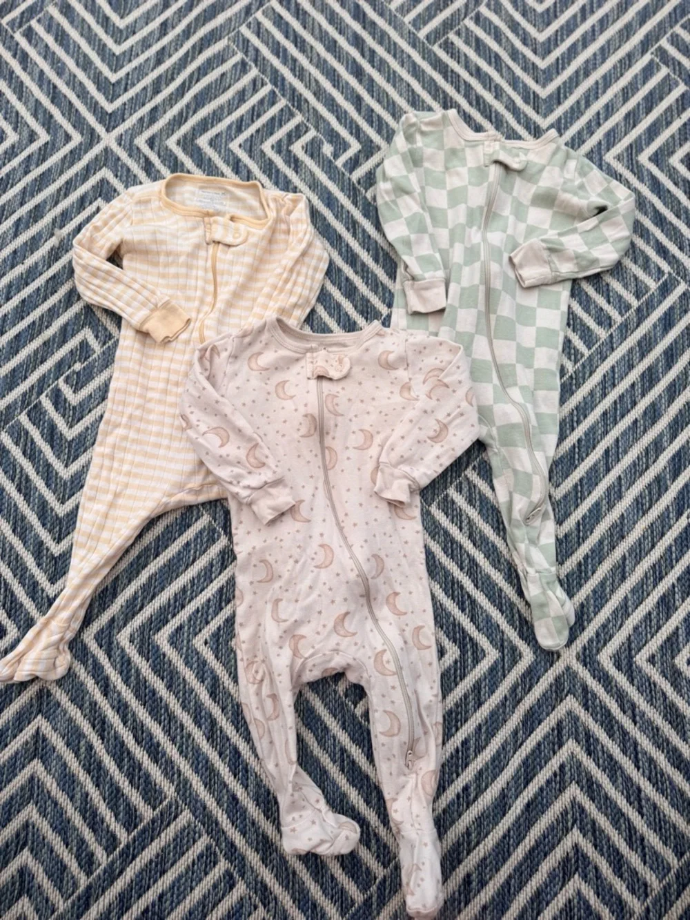 3-Pack Baby Footed One-Piece Sleepers — Yellow Stripe, Sage Check, Blush Moon
